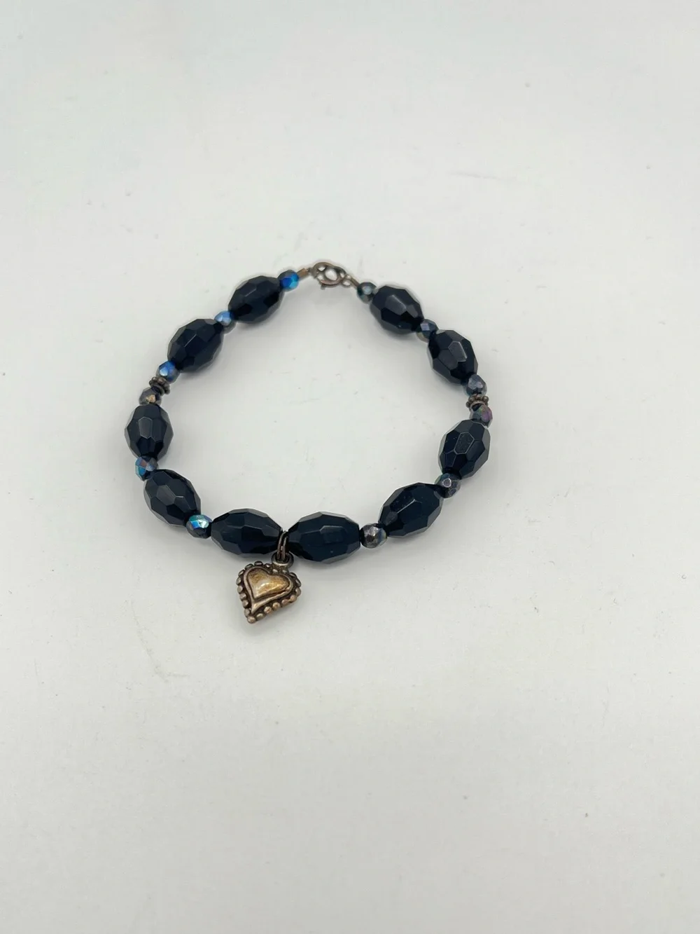 Vintage Black Faceted Glass Bead Bracelet Sterling Silver Heart Charm